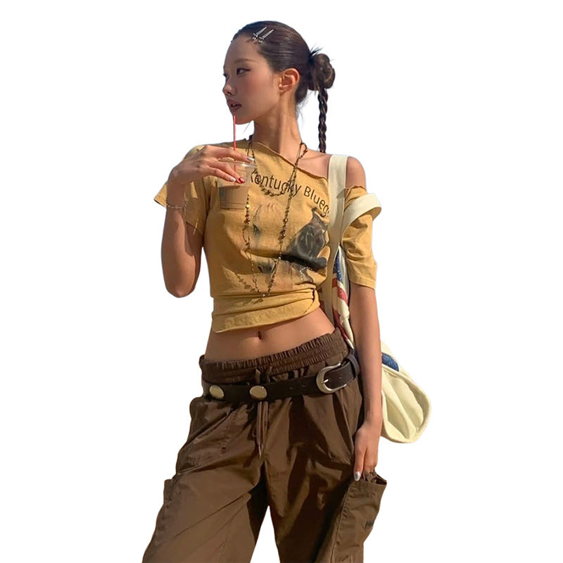 Camiseta de algodón con estampado de letras de moda urbana de verano para mujer