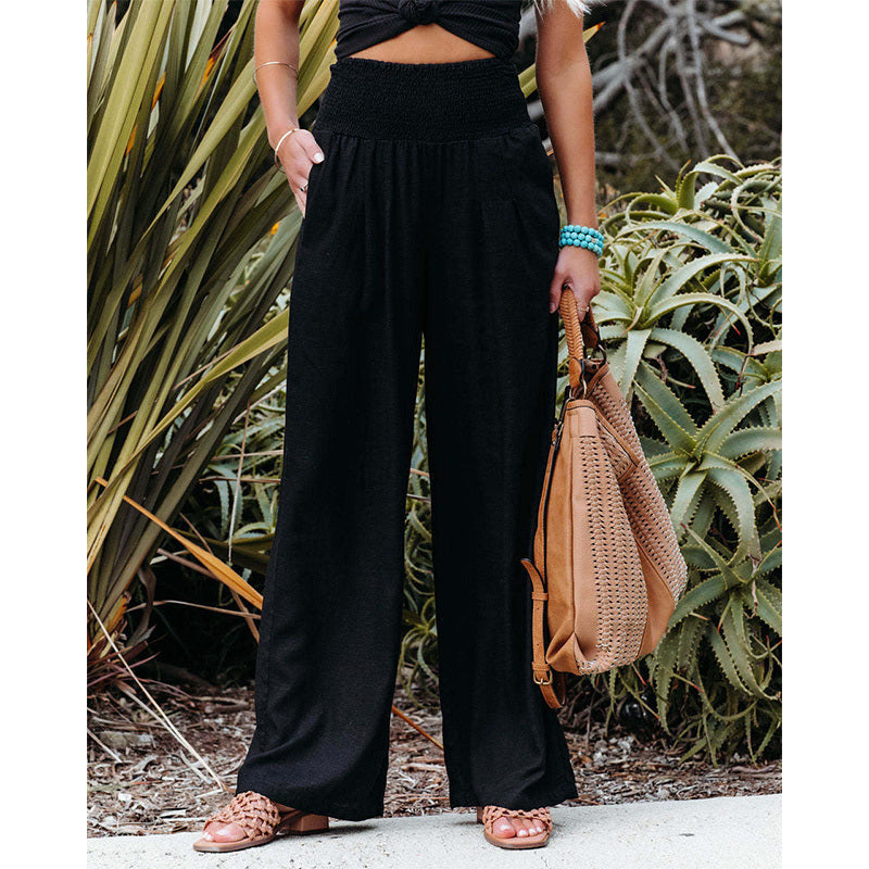 Pantalones anchos de lino y algodón para mujer con bolsillos