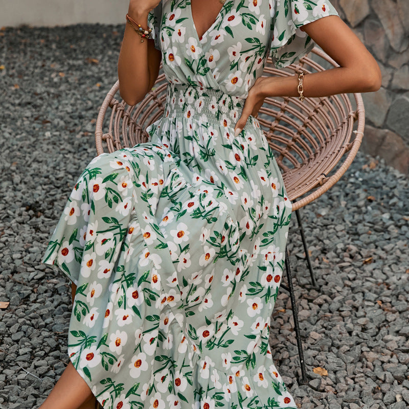 Bohemian Style Vacation Women Casual V-Neck Short Sleeve Maxi Dress