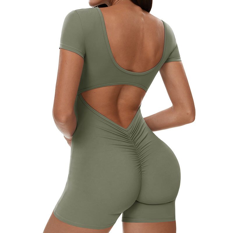 Women Solid Color Short-Sleeve Backless Yoga Rompers - Stylish and Comfortable Activewear