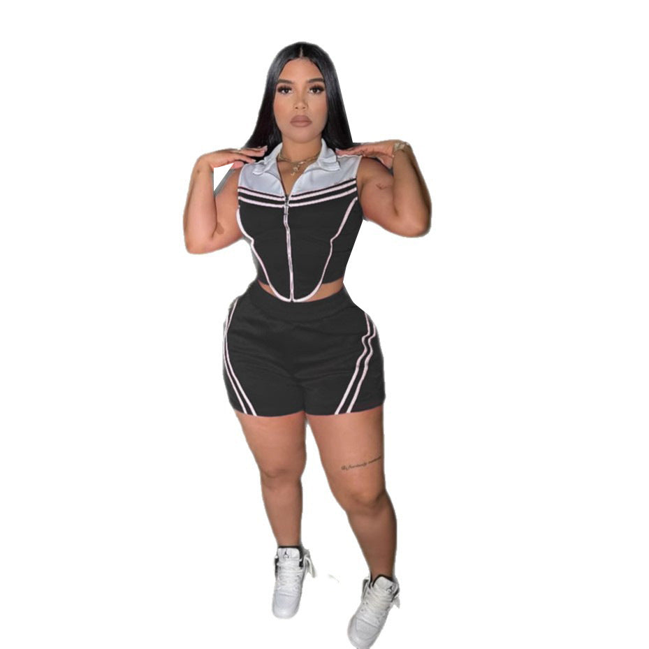 Conjunto de dos piezas de top y pantalones cortos sin mangas con costuras de rayas informales para mujer