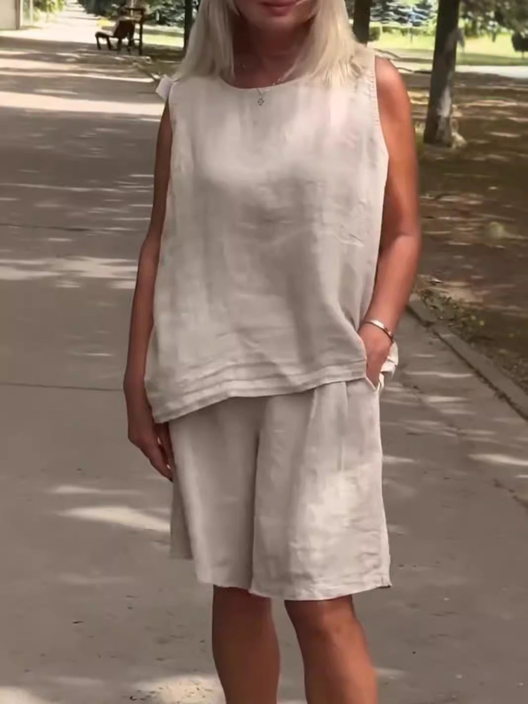 Conjunto de camiseta sin mangas informal de algodón y lino para mujer