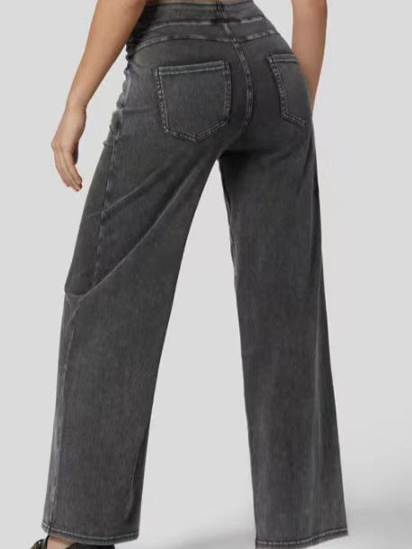 Women Fashion Casual Solid Color High Waist Wide Leg Jeans