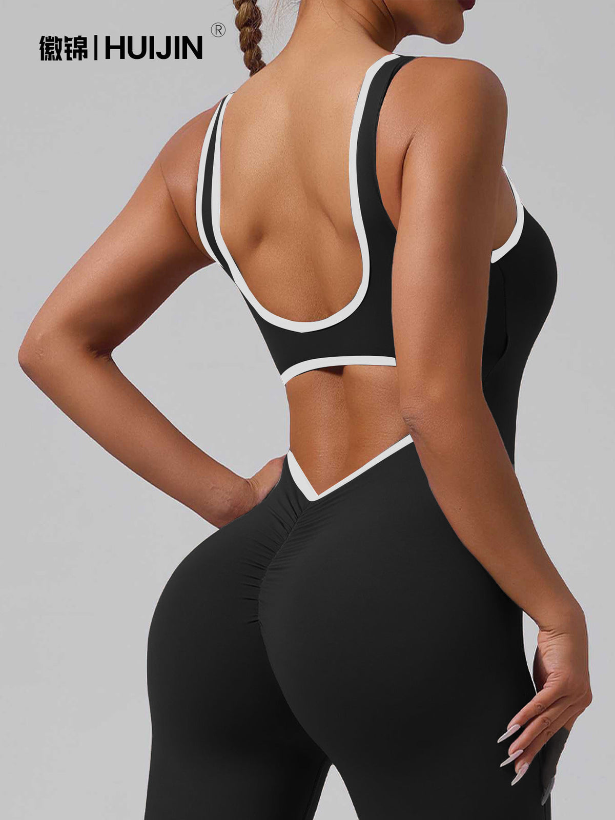 Contrast Color Yoga Backless Running Jumpsuits for Women