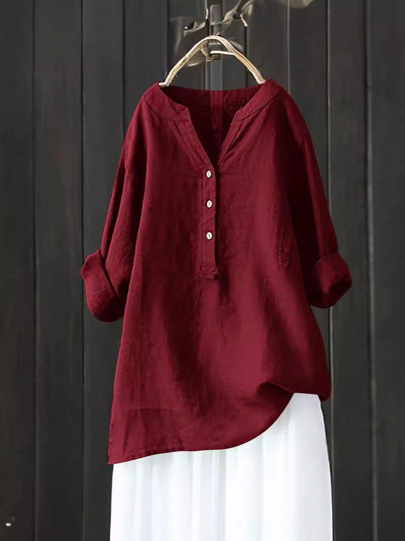 Blusas casuales holgadas de lino y algodón de color liso para mujer