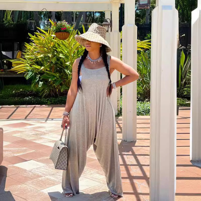 Women Fashion Casual Solid Color Sleeveless Jumpsuit