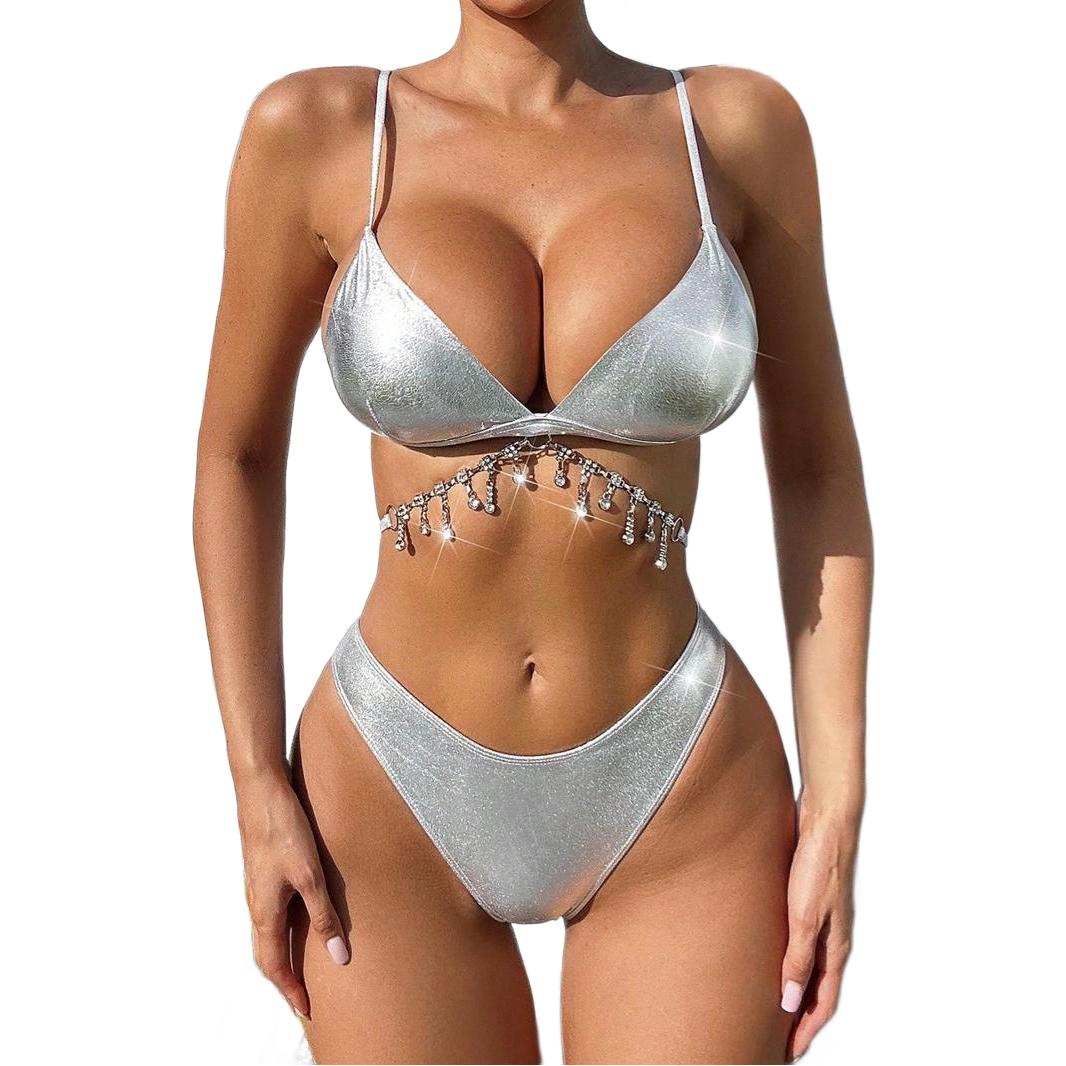Bikini sexy de color sólido con borlas de diamantes de imitación para mujer