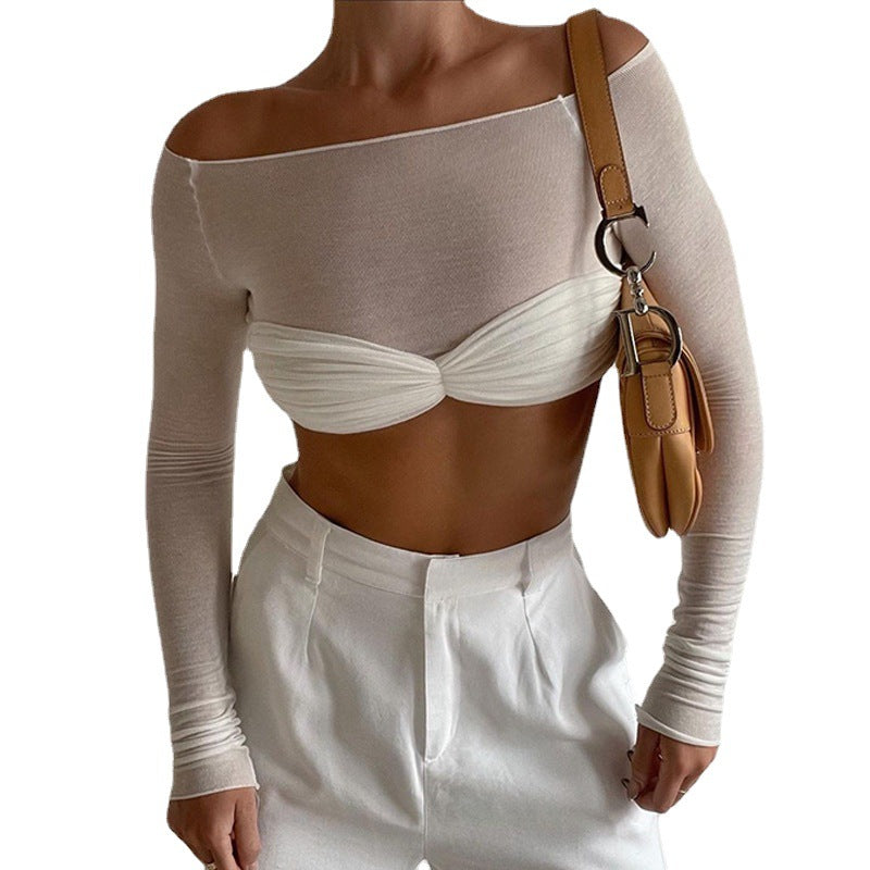 Women Mesh Shoulder Long Sleeve Cropped Top