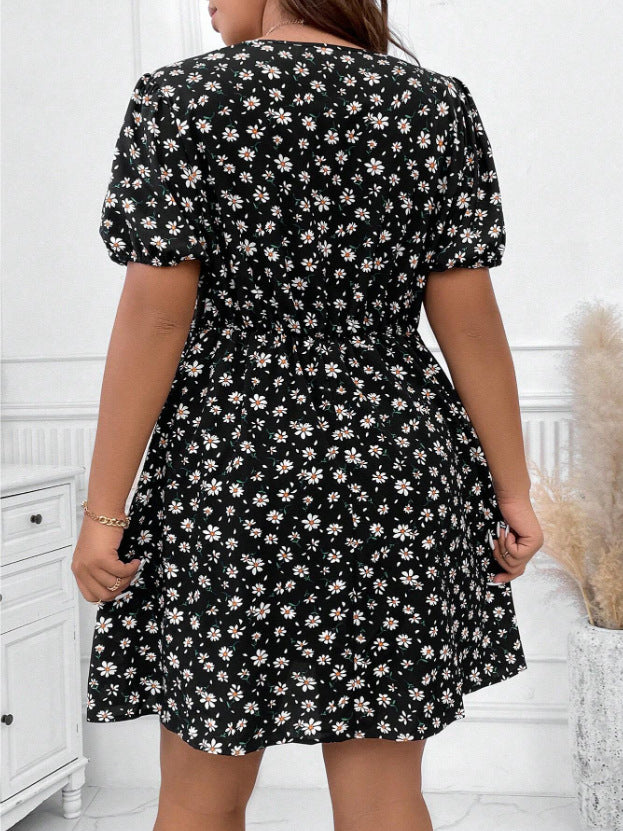 Vestido holgado informal con mangas abullonadas y cuello en V floral para mujer