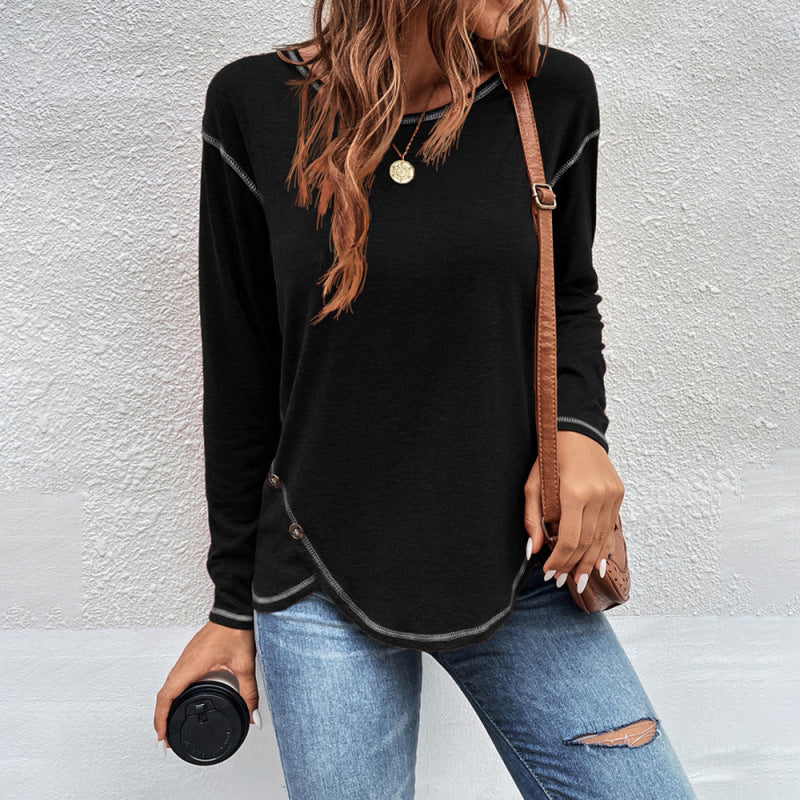 Women Simple Solid Color Button Irregular Round Neck Long Sleeve Blank T-Shirt