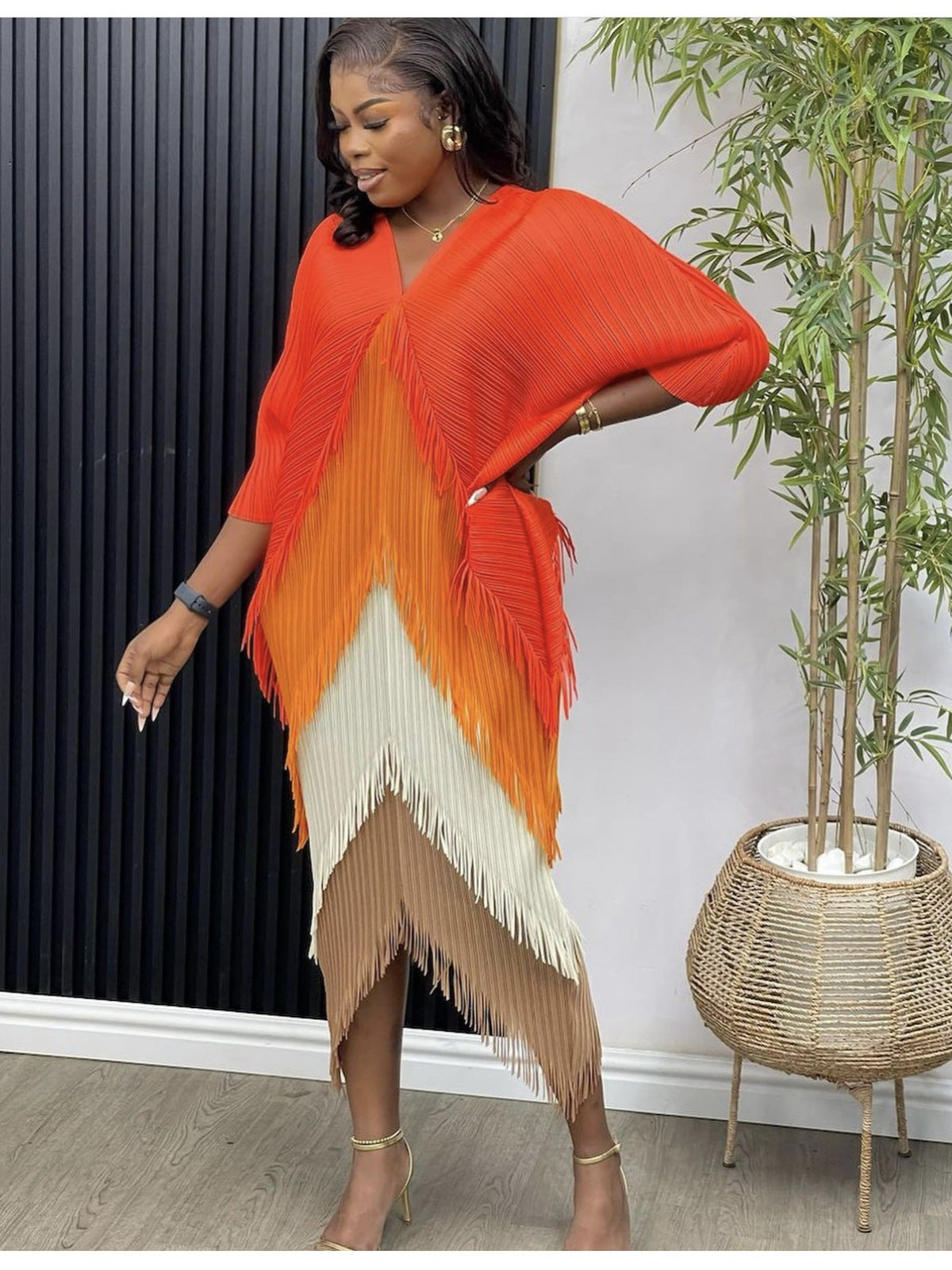African Women Fashion Pleated Color Matching Dress