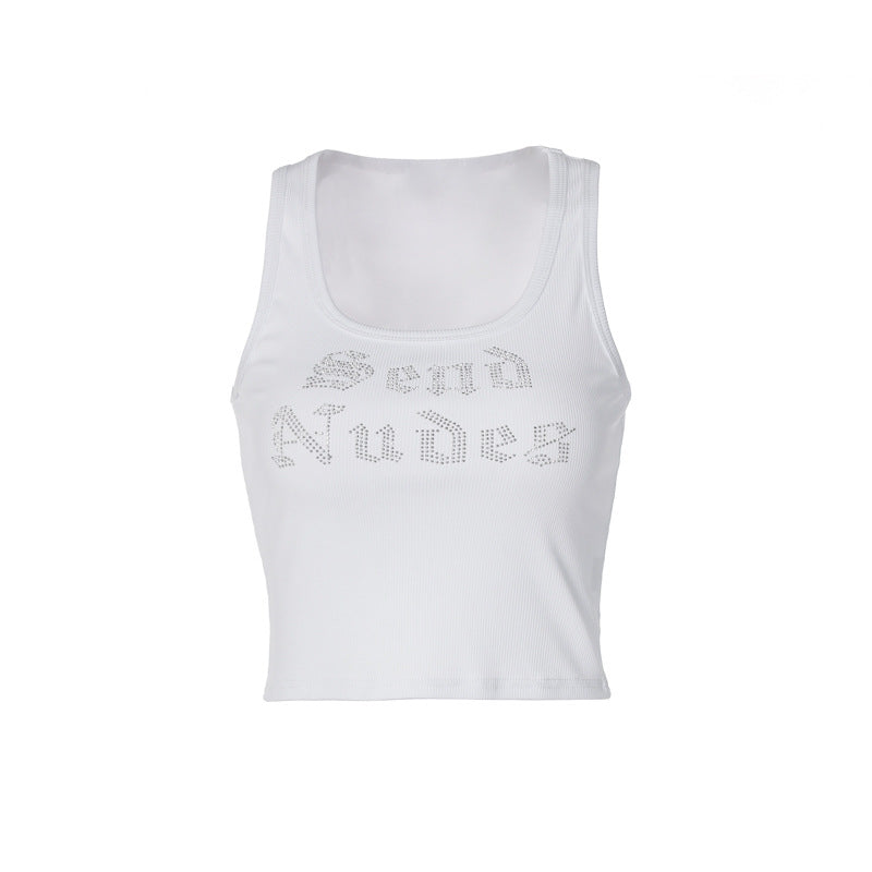 Women's Fashion Letter Rhinestone Sleeveless Cropped Top