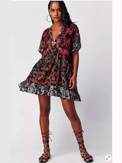 Women Fashion Casual Boho Multicolor Printed Stripe V-Neck Dress