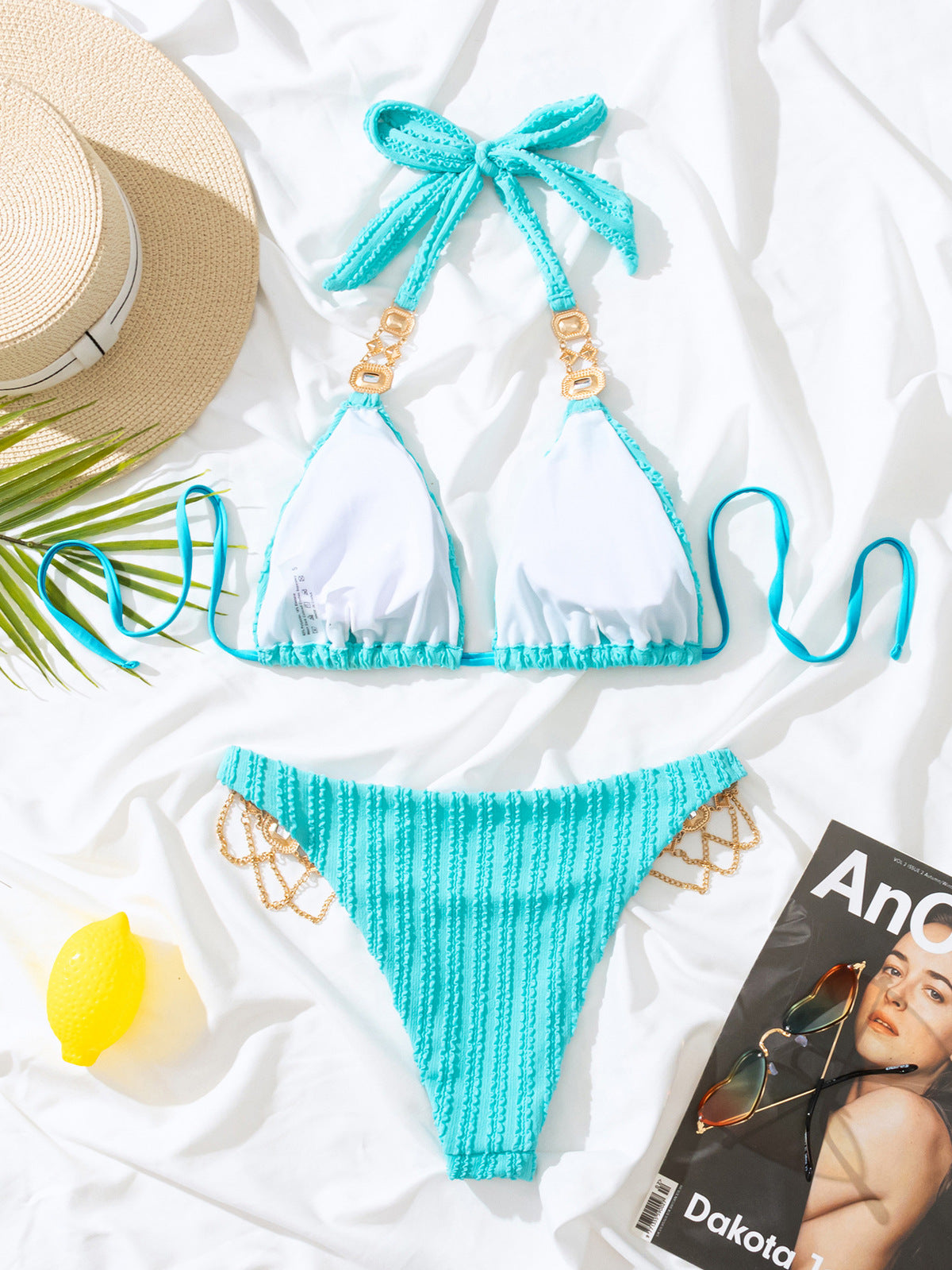Bikini sexy de color sólido con diamantes de imitación para mujer