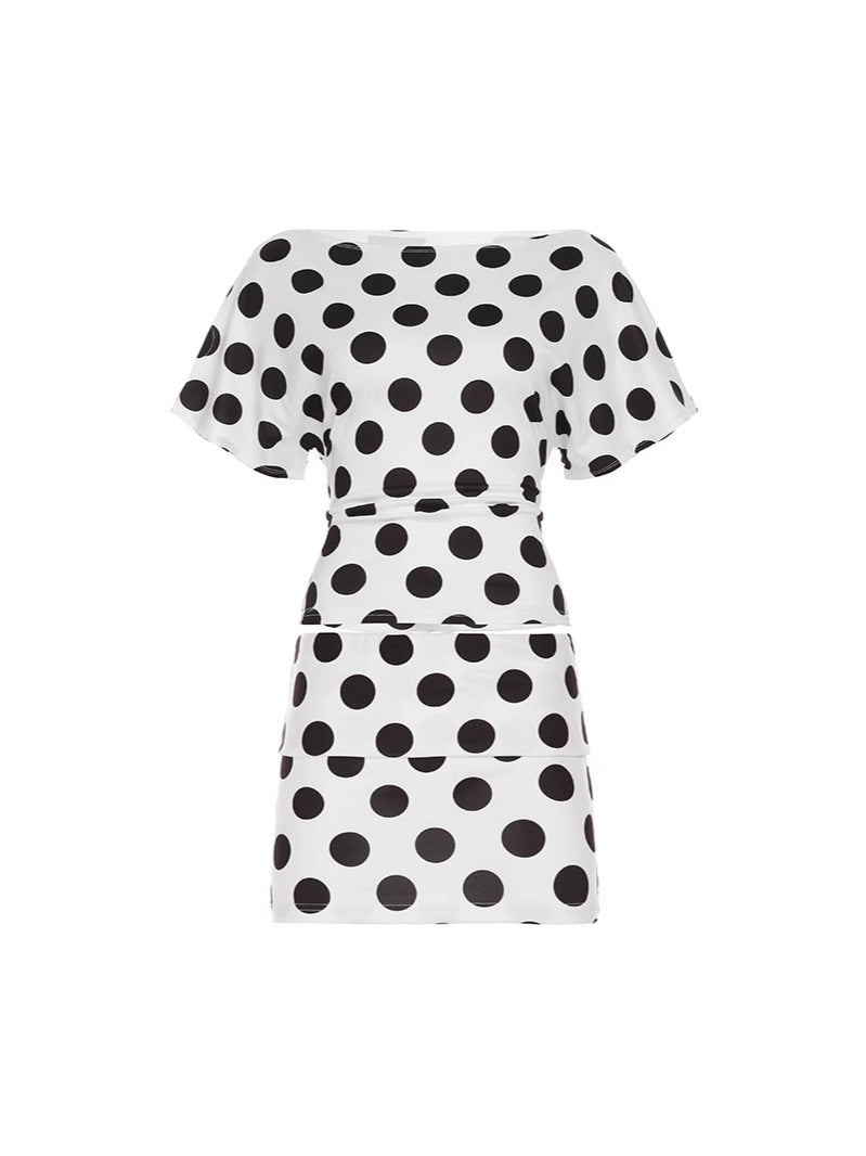 Women Fashion Sexy Wave Dot Printed Short Sleeve T-Shirt and Skirt Set