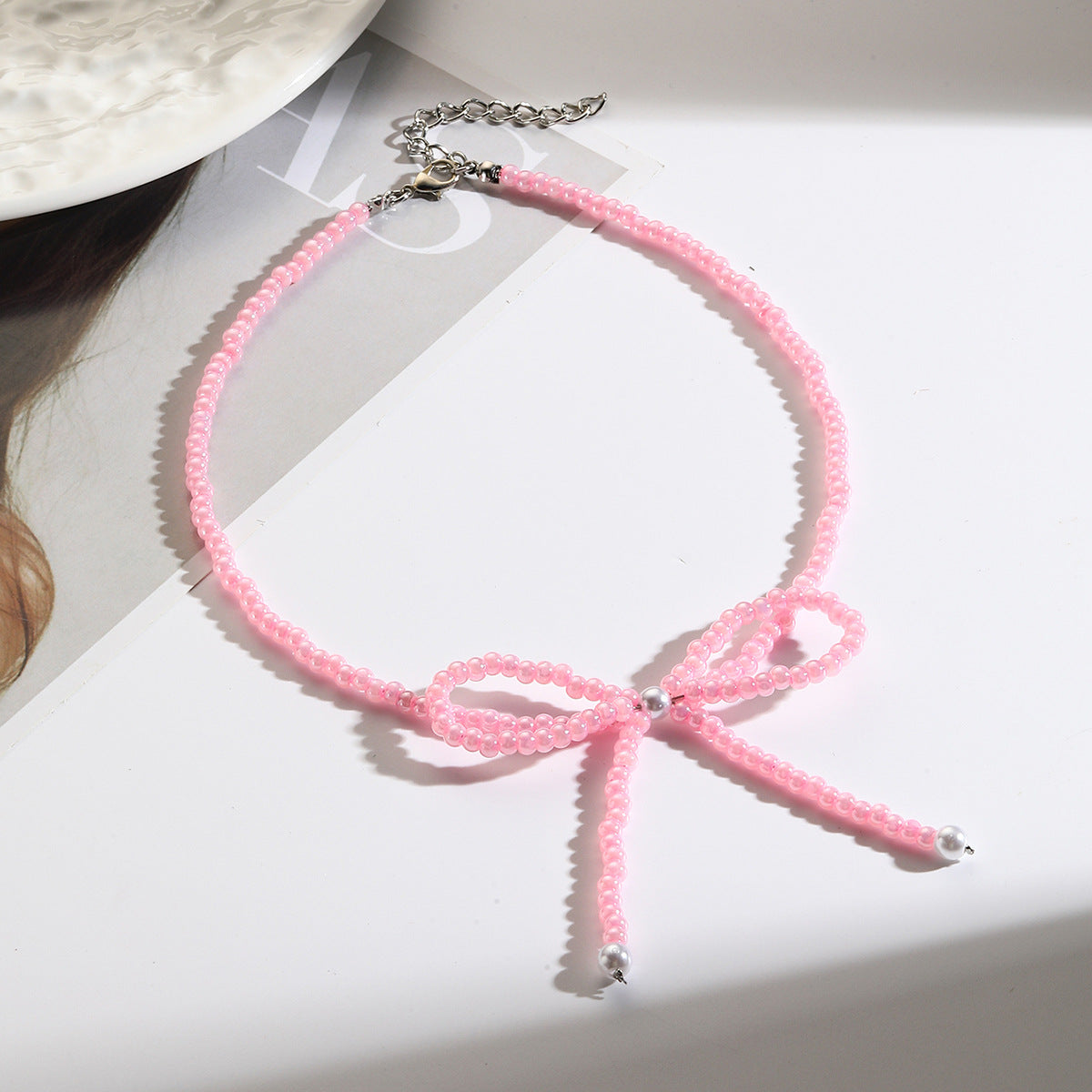 Collar bohemio con cuentas de arroz y lazo para mujer