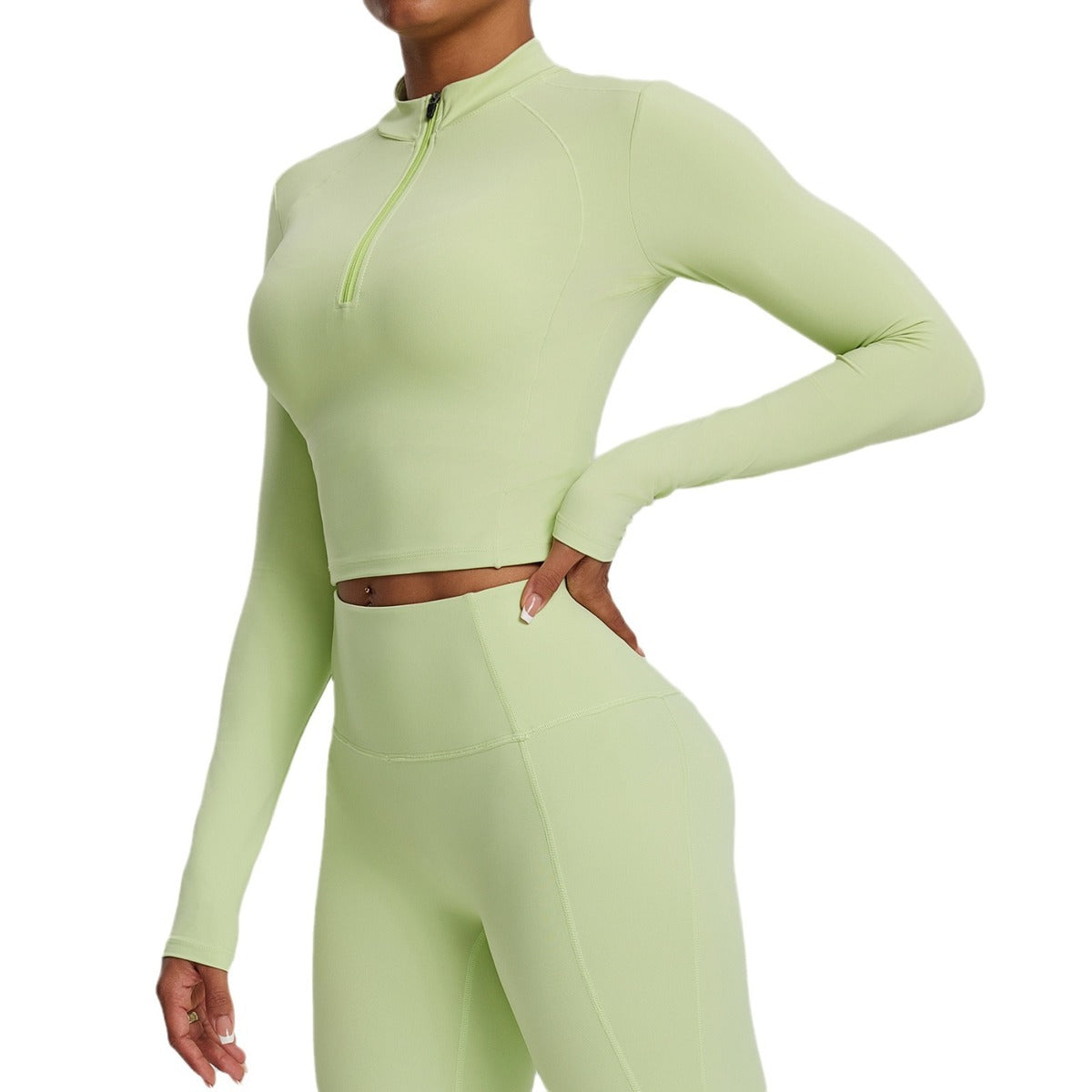 Top de yoga de manga larga de color liso para mujer, con cremallera y tejido de secado rápido