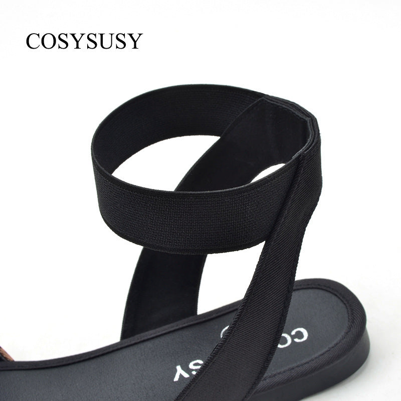 Women Chic Vintage Pointed Toe Leopard Flat Ankle Strap Sandals