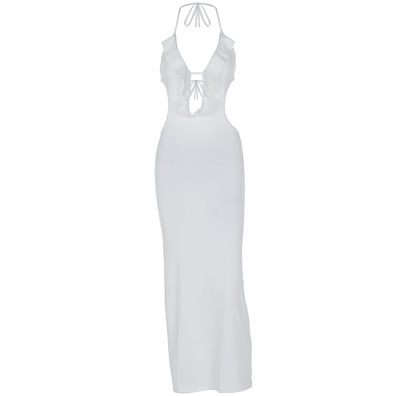 Women Fashion Sexy Solid Color Ruffled Dress