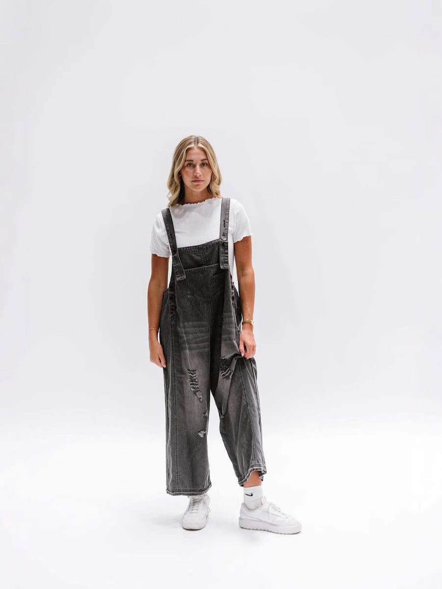 Women Casual Ripped Denim Jumpsuit with Wide Leg Style