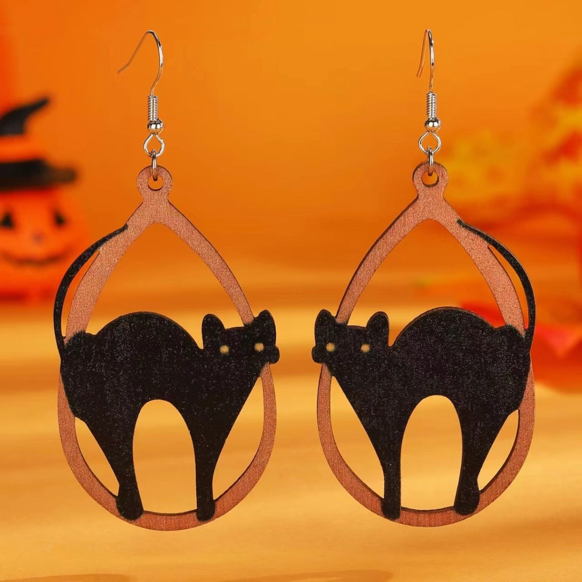 Halloween Women Cartoon Gothic Black Cat Ghost Pumpkin Wooden Earrings