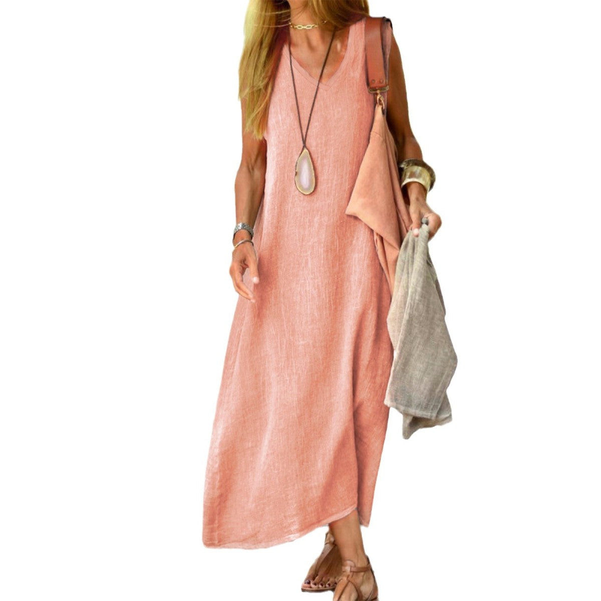 Vestido informal de lino y algodón sin mangas de talla grande para mujer