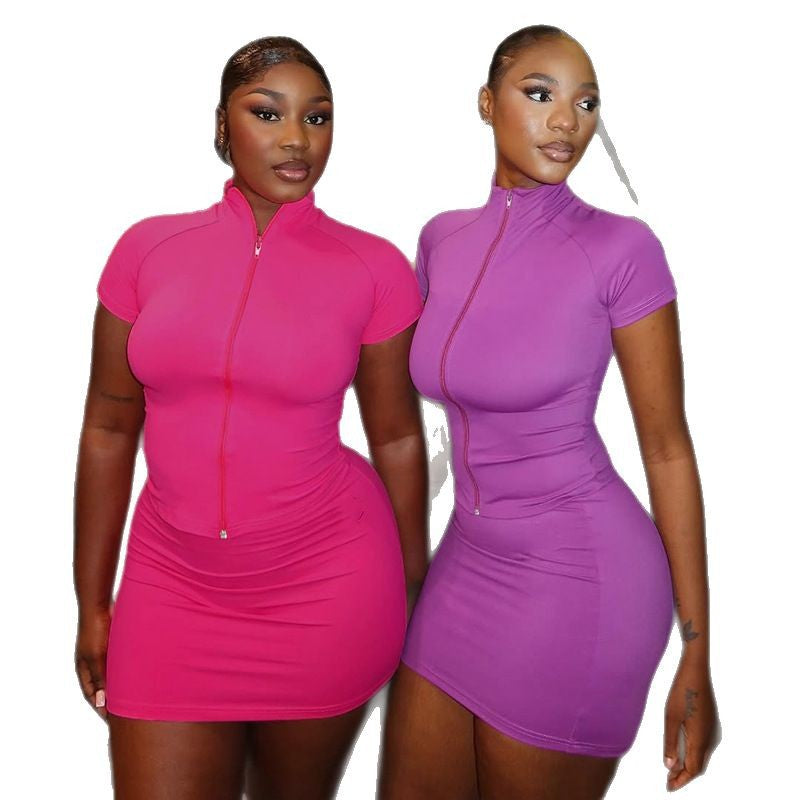 Women’s Fashion Solid Color Short-Sleeve Zipper T-Shirt Set