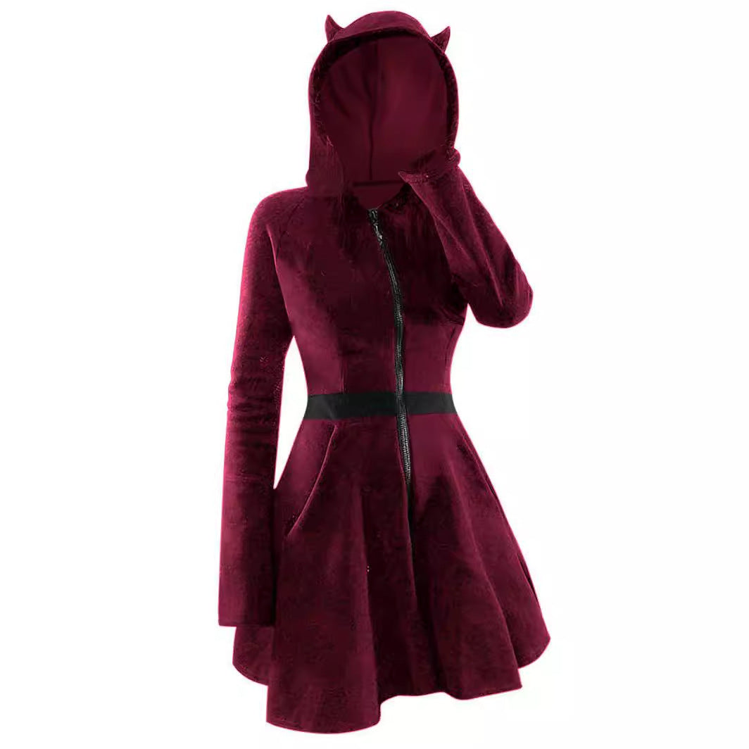 Robe à capuche à manches longues et coutures en velours gothique