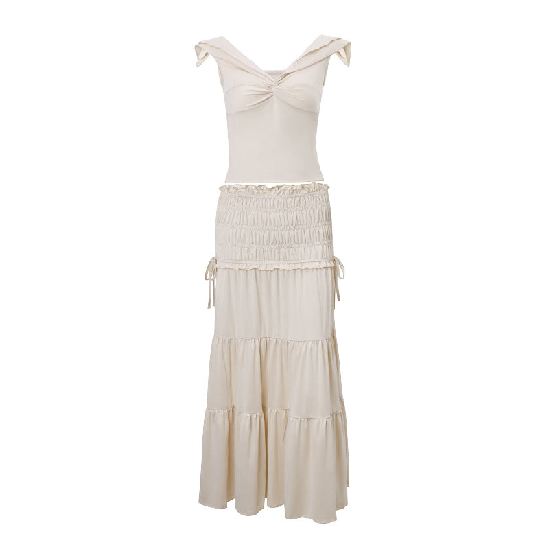 Women Elegant Solid Color V-Neck Sleeveless T-Shirt and Pleated Skirt Set