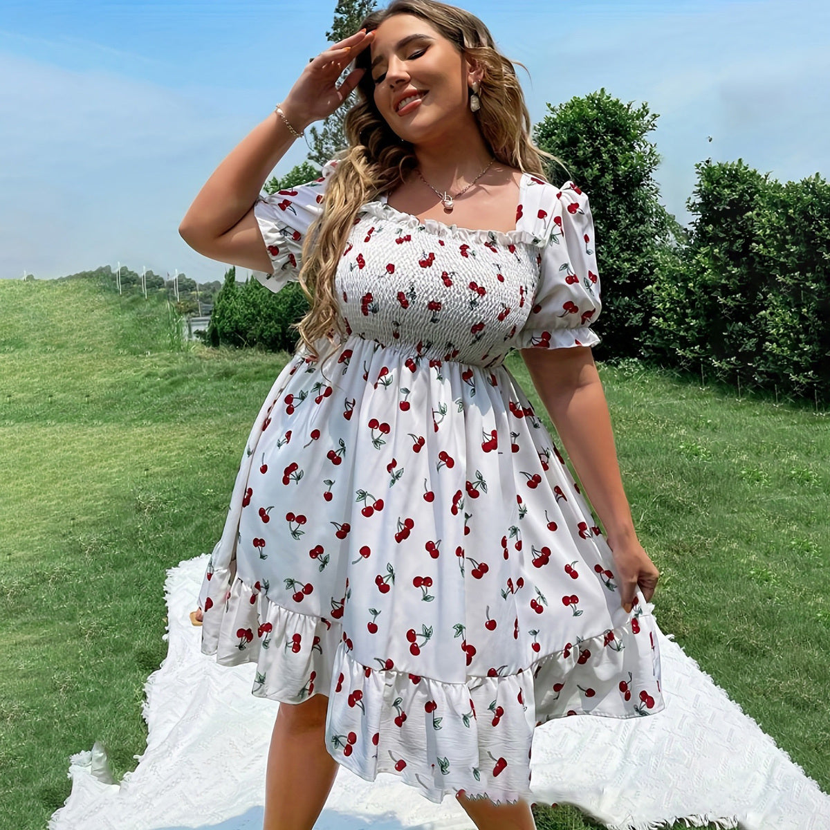 Women Casual Plus Size Cherry Print Bubble Sleeve Dress