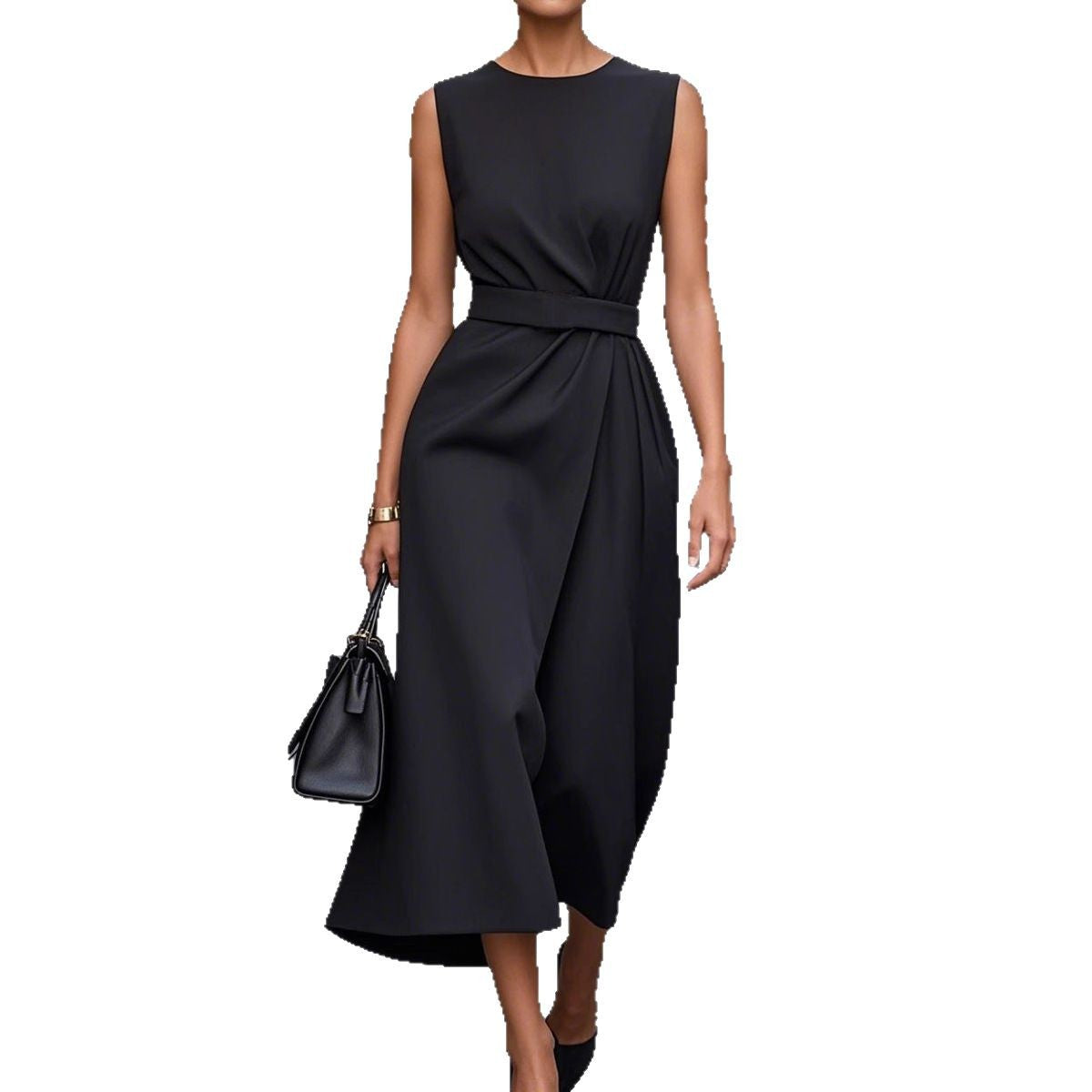 Vestido casual sin mangas de color sólido para mujer con cuello redondo
