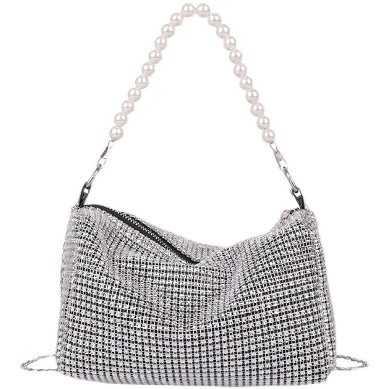 Women Rhinestone Pearl Strap Metal Chain Bag