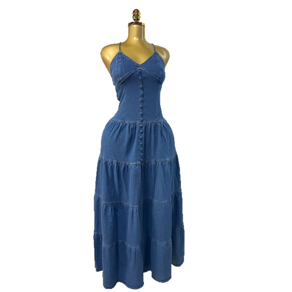 Vestido vaquero sexy de verano con escote en V y tirantes finos para mujer