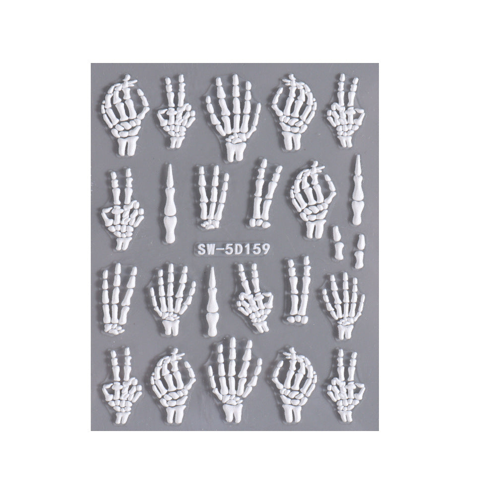 Autocollants pour ongles 5D en relief pour femmes, motif tête de mort, araignée, os, citrouille, Halloween