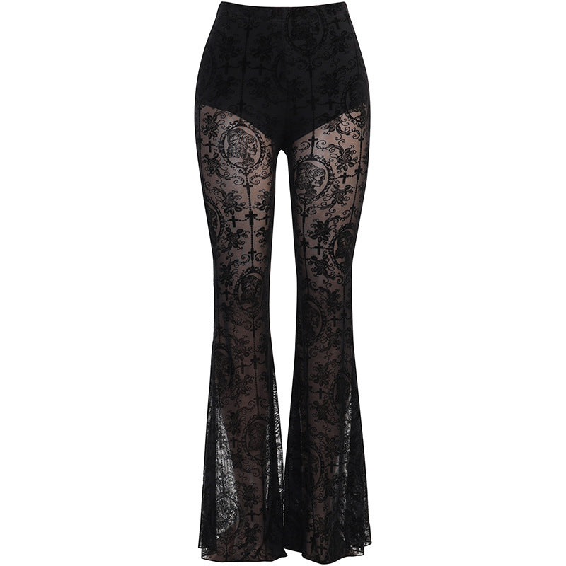 Women Fashion Gothic Lace Splicing High Waist Pants