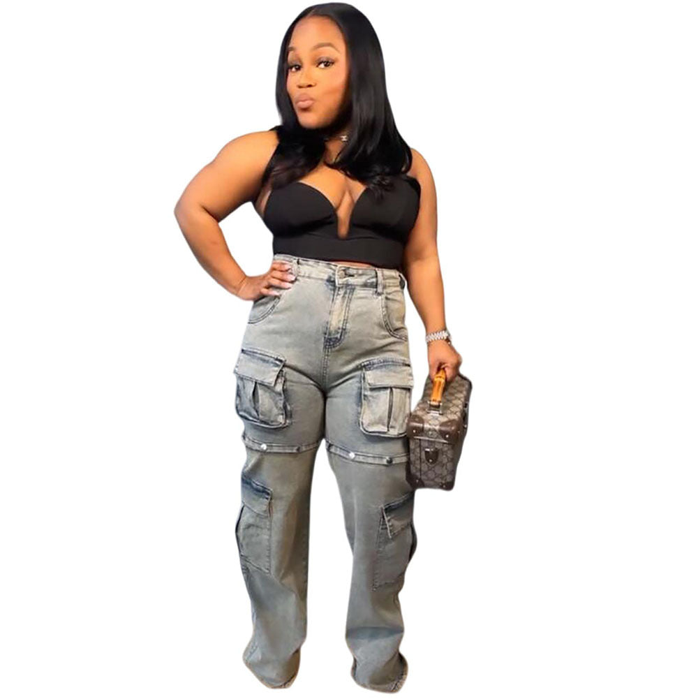 Street Women'S Fashion Multi-Pocket Jeans in Light Blue