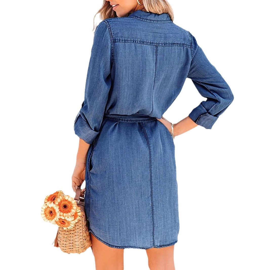 Vestido vaquero informal de manga larga con solapa para mujer