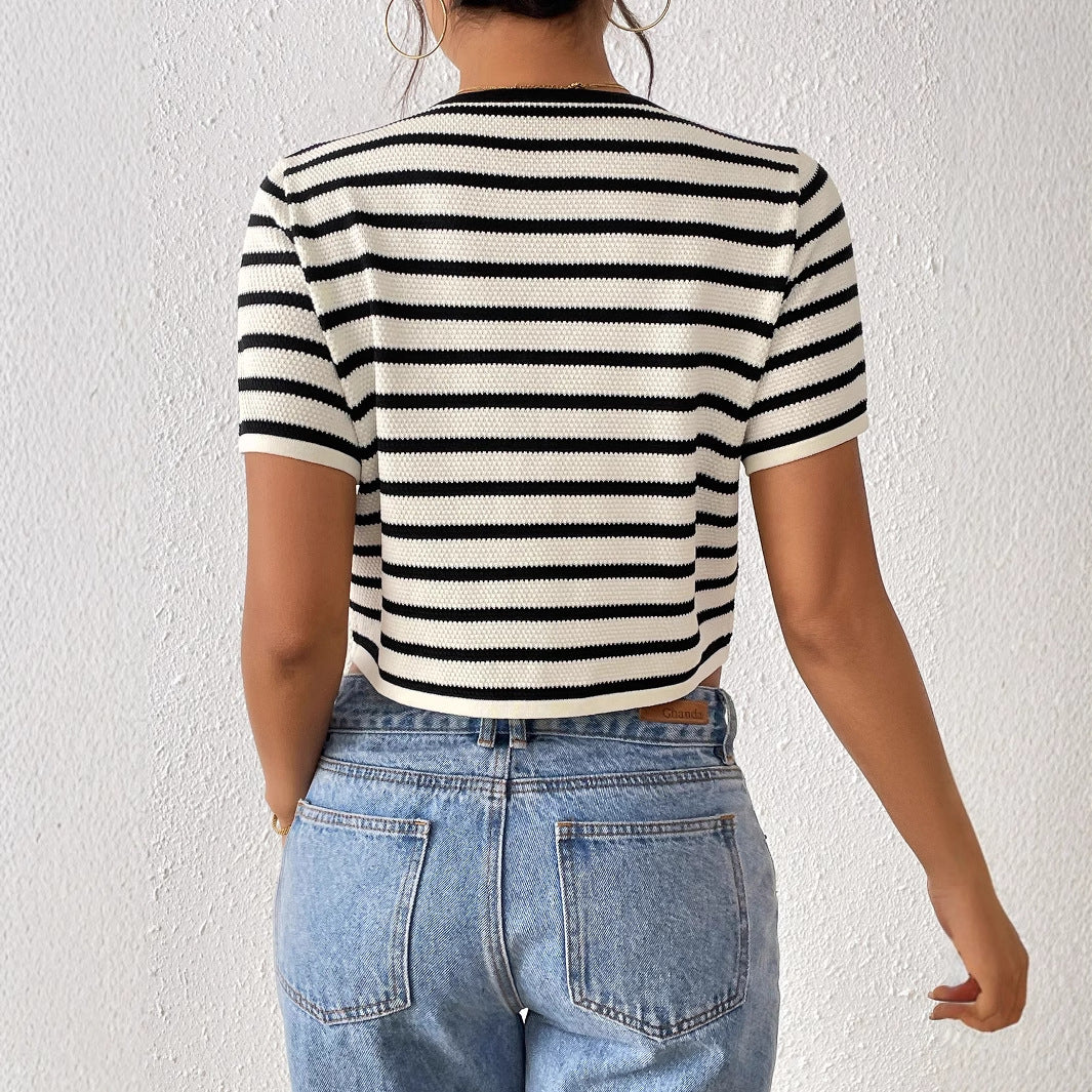 Jersey de punto informal de manga corta con cordones y rayas para mujer