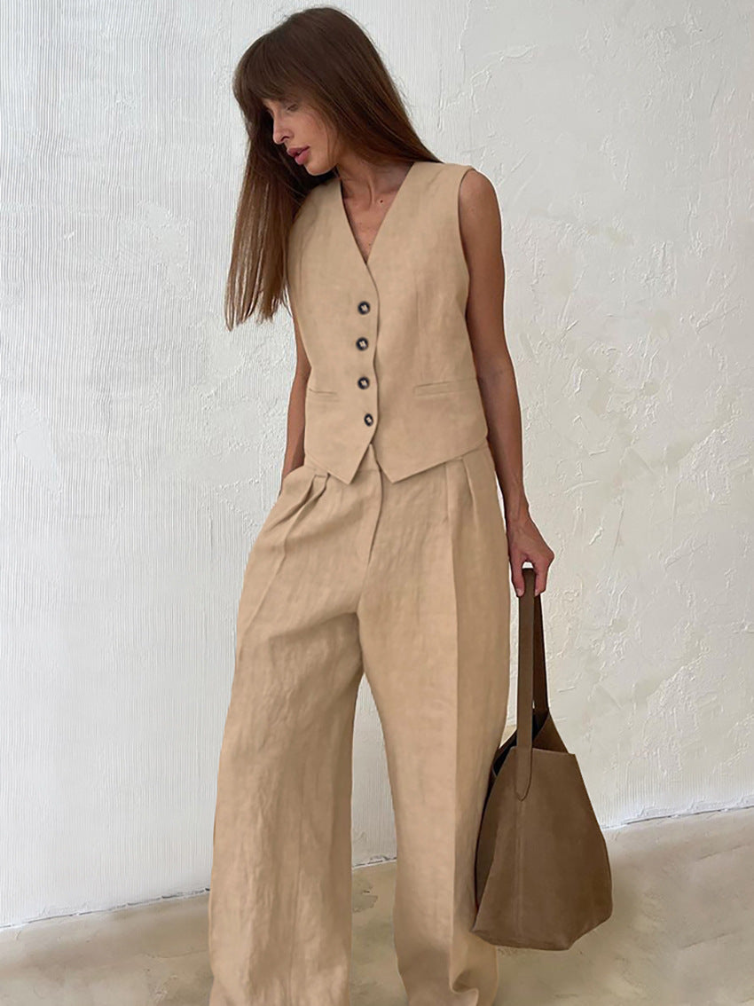 Women Casual Solid Cotton V-Neck Two-Piece Set