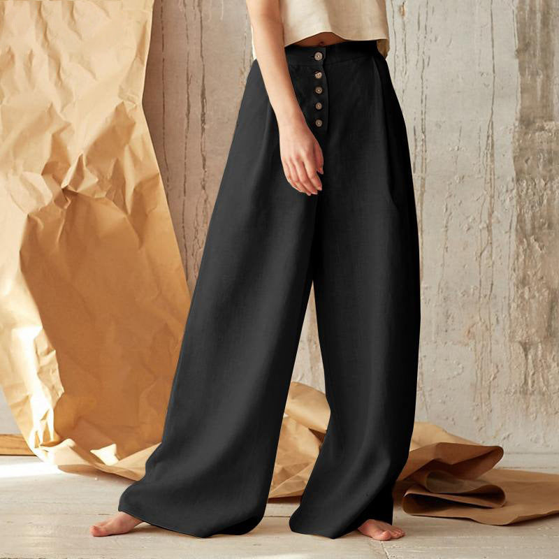 Pantalon large taille haute décontracté de couleur unie pour femme