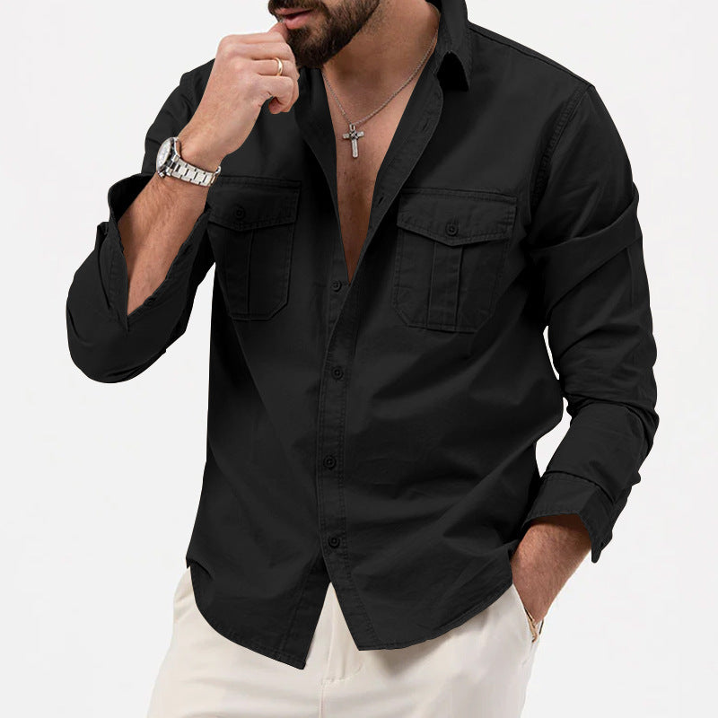 Men's Fashion Casual Solid Color Long Sleeve Lapel Shirt