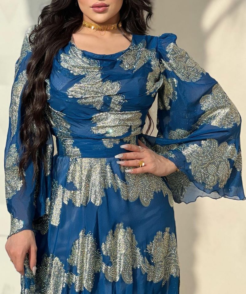 Women Fashion Printed Chiffon Round-Neck Dress with Bubble Sleeves