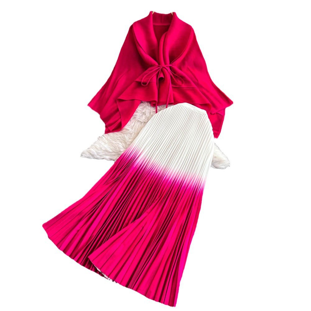 Women Gradient Color Lace-Up Blouse Pleated Skirt Set
