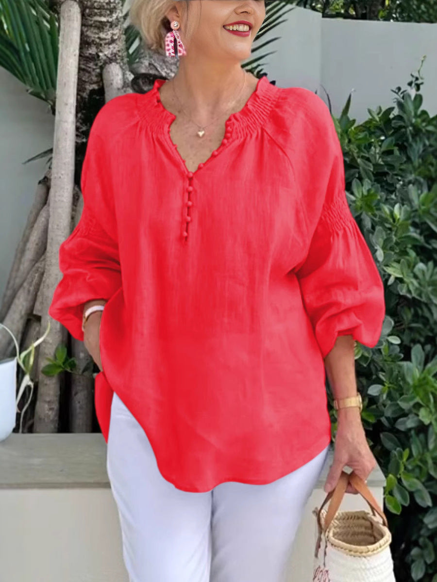 Blusa informal de color liso con cuello en V para mujer