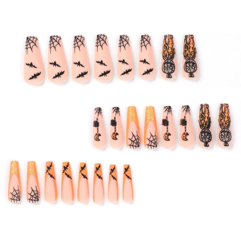 Women Fashion Halloween Orange Glitter Pumpkin False Nails