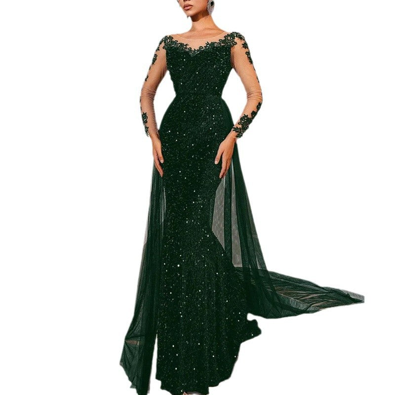 Women Fashion Elegant Solid Color Lace Sequins Long Sleeve Party Dress