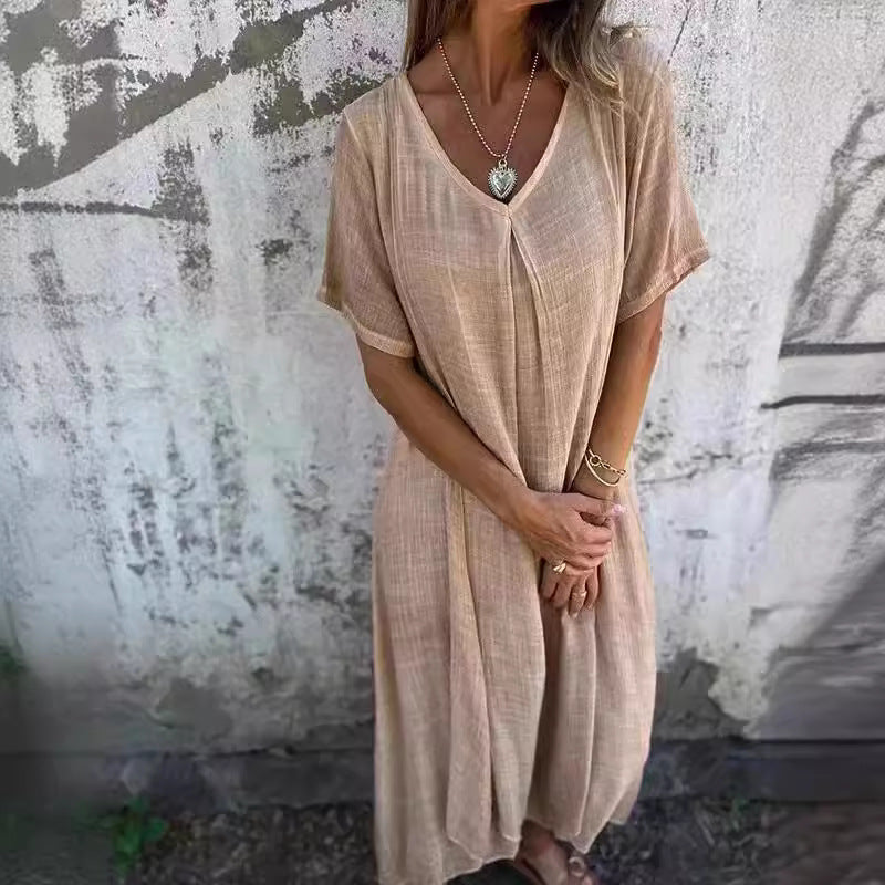 Vestido informal de verano para mujer, holgado, de algodón y lino con cuello en V