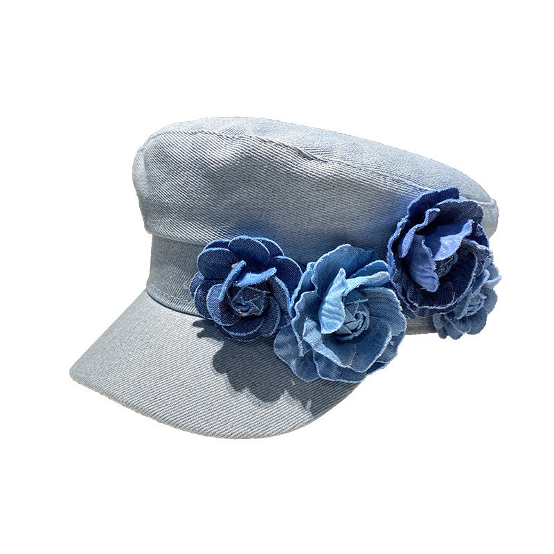 Women Fashion Casual Flower Decoration Denim Flat Hat