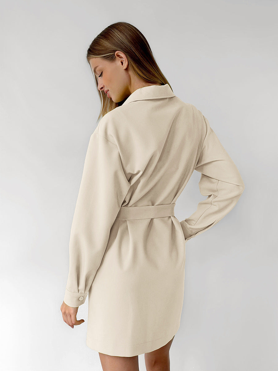 Women Solid Color Lapel Long Sleeve Dress Blended Fabric