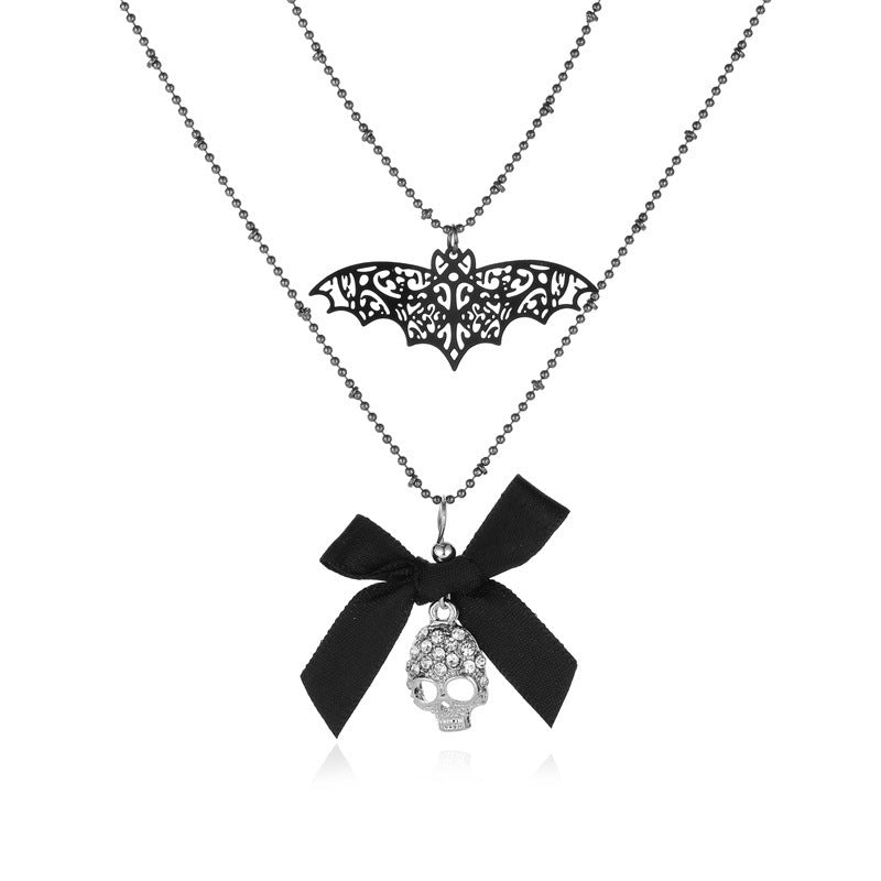 Collar retro de Halloween con lazo y calavera de murciélago para mujer